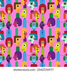 Abstract geometric cubist inspiration composition of people faces. Colorful haracters collection. Seamless pattern. Vector illustration for prints, card, web, digital concept, poster