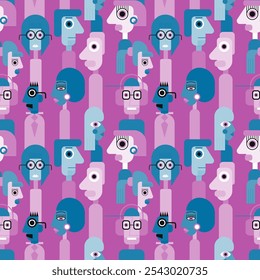 Abstract geometric cubist inspiration composition of people faces. Colorful haracters collection. Seamless pattern. Vector illustration for prints, card, web, digital concept, poster