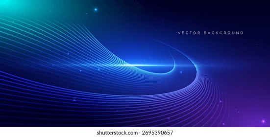 Tecnologia de linhas curvas geométricas abstratas em fundo azul escuro. Conceito de movimento em alta velocidade. Ilustração vetorial