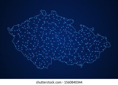Abstract geometric of Czech Republic map polygonal line, structure and point scales on blue dark background with lights and dots. Vector illustration eps 10.