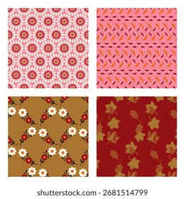 Abstract geometric daisies and linear leaves seamless pattern designs set