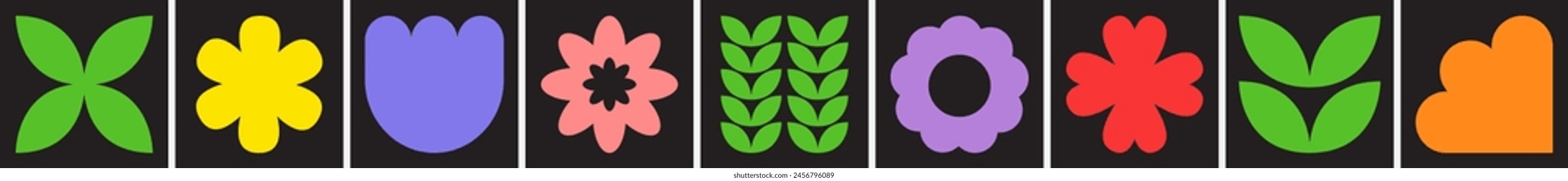 Abstractas colección geométrica de hojas de tulipán de manzanilla. Línea de conjunto de planta de hoja de cabeza de flor. Lindo icono de manzanilla colorida. Símbolo de signo de forma simple. Concepto creciente. Diseño plano Vector de fondo negro
