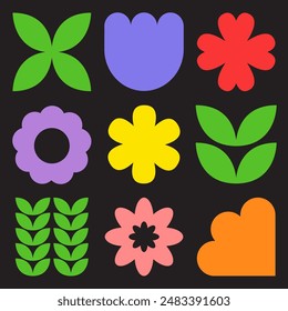 Abstract geometric daisy chamomile tulip leaves collection. Flower head leaf plant set. Cute colorful camomile icon. Growing concept. Simple shape sign symbol. Flat design. Black background. Vector