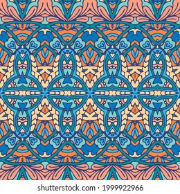 Abstract geometric damask seamless pattern ornamental. Textile ethnic vintage print vector blue and orange colors