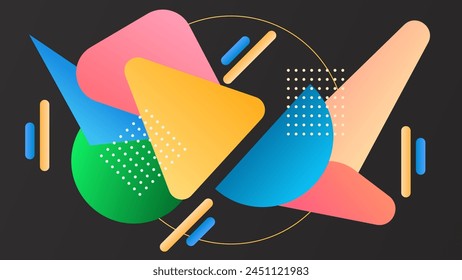 ABSTRACT GEOMETRIC DARK BACKGROUND WITH GEOMETRIC SHAPES GRADIENT BLUE ORANGE PURPLE COLOR DESIGN VECTOR TEMPLATE GOOD FOR MODERN WEBSITE, WALLPAPER, COVER DESIGN, LANDING PAGE