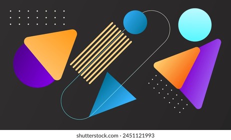 ABSTRACT GEOMETRIC DARK BACKGROUND WITH GEOMETRIC SHAPES GRADIENT BLUE ORANGE PURPLE COLOR DESIGN VECTOR TEMPLATE GOOD FOR MODERN WEBSITE, WALLPAPER, COVER DESIGN, LANDING PAGE