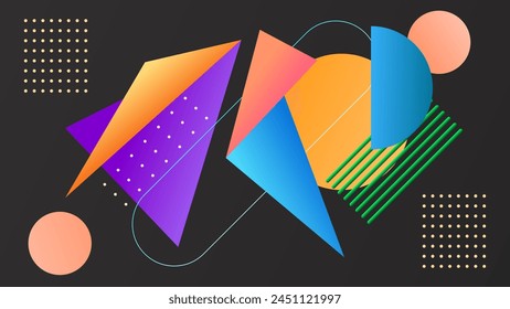 ABSTRACT GEOMETRIC DARK BACKGROUND WITH GEOMETRIC SHAPES GRADIENT BLUE ORANGE PURPLE COLOR DESIGN VECTOR TEMPLATE GOOD FOR MODERN WEBSITE, WALLPAPER, COVER DESIGN, LANDING PAGE