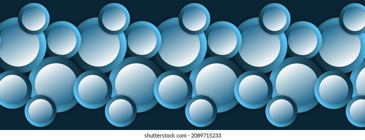 Abstract geometric dark blue background with three-dimensional blue circles wide web banner. Abstract luxury geometric background. Vector illustration