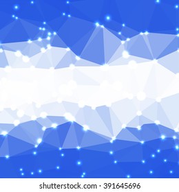 Abstract geometric dark blue background consisting of colored triangles with lights in corners. Low poly square format pattern.