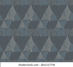 Abstract geometric dark hand drawn seamless pattern. Randomly colored hatched triangles.Vector doodle background.