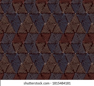 Abstract geometric dark hand drawn seamless pattern. Randomly colored hatched triangles.Vector doodle background.