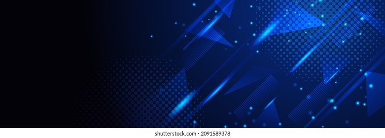 Resumen del fondo geométrico oscuro de la bandera azul marino. Tecnología digital negocio de presentación 3D fondo abstracto. Pancarta azul abstracta con formas degradadas
