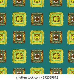 Abstract geometric decorative ethnic seamless pattern with patches on a green background. Aztec ornament. Folk. Fabric, textile design. Patchwork. Endless print texture. Wallpaper - vector 