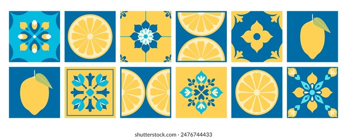 Abstract geometric decorative pattern with lemons. Floral arabesque. Italian, Portuguese, Spanish blue and yellow tiles background. Mediterranean traditional style. Mosaic. Vector illustration