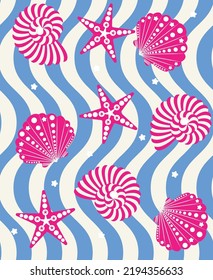 Abstract Geometric Decorative Seashell Starfish Wavy Stripes Seamless Pattern Trendy Fresh Fashion Colors Perfect for Swimwear Fabric Allover Print Sky Blue Fuchsia Tones