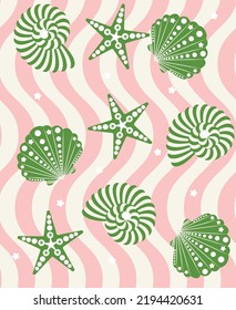 Abstract Geometric Decorative Seashell Starfish Wavy Stripes Seamless Pattern Trendy Fresh Fashion Colors Perfect for Swimwear Fabric Allover Print Pastel Pink Green Tones