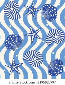Abstract Geometric Decorative Seashell Starfish Wavy Stripes Seamless Pattern Trendy Fresh Fashion Colors Perfect for Swimwear Fabric Allover Print Royal Blue Tones