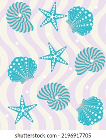 Abstract Geometric Decorative Seashell Starfish Wavy Stripes Seamless Pattern Trendy Fresh Fashion Colors Perfect for Swimwear Fabric Allover Print Lilac Tiffany Blue Tones