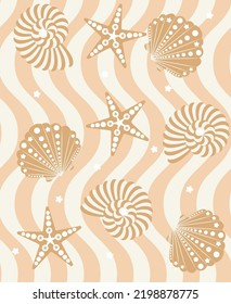 Abstract Geometric Decorative Seashell Starfish Wavy Stripes Seamless Pattern Trendy Fresh Fashion Colors Perfect for Swimwear Fabric Allover Print Soft Sandy Brown Tones