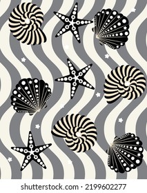 Abstract Geometric Decorative Seashell Starfish Wavy Stripes Seamless Pattern Trendy Fresh Fashion Colors Perfect for Swimwear Fabric Allover Print Black White Gray Tones