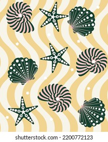 Abstract Geometric Decorative Seashell Starfish Wavy Stripes Seamless Pattern Trendy Fresh Fashion Colors Perfect for Swimwear Fabric Allover Print Pastel Yellow Dark Green Tones