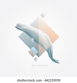 Abstract geometric decorative symbol with beluga whale illustration, soft gradients and transparent overlays, vector illustration