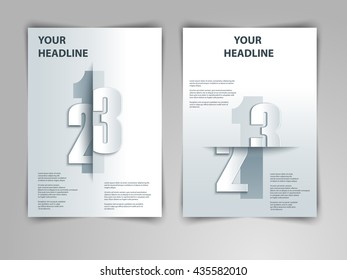 Abstract geometric design with 123 numbers in 3d, paper, origami style. Vector gray template layout for magazine cover, brochure, flyer, booklet and annual report in A4 size.