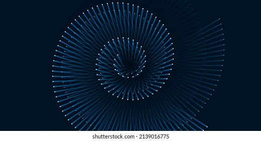 Resumen Diseño geométrico de la espiral giratoria en 3D de los puntos brillantes blancos móviles, vista frontal - forma de una onda sonora, rayo de línea-fondo vectorial dinámico moderno, página de aterrizaje, plantilla para web