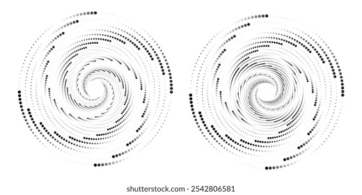 Projeto geométrico abstrato de círculo 3D espiral de movimento de pontos brilhantes brancos, visão frontal - forma de uma onda de som, linha de ritmo - moderna dinâmica vetor fundo, página de aterrissagem, modelo para Web