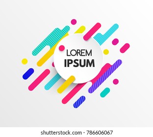 Abstract geometric design background with colorful dynamic shapes and circle white banner for your text. Vector bright illustration