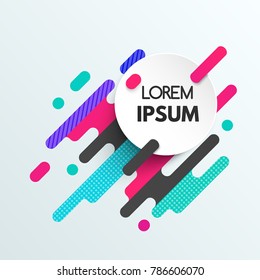Abstract geometric design background with colorful dynamic shapes and circle white banner for your text. Vector bright illustration