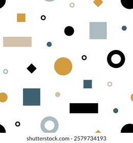 Abstract geometric design background. Square shape, rectangle, rhombus, circles for trendy modern seamless pattern. Simple minimalist shapes on white background for fabric print. Fashion wallpaper.