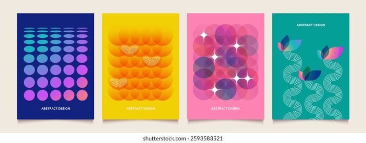 Abstract geometric design of backgrounds. Posters with line art shapes and gradient elements. Graphic banners templates, printable graphic. Vector retro patterns for cover etc
