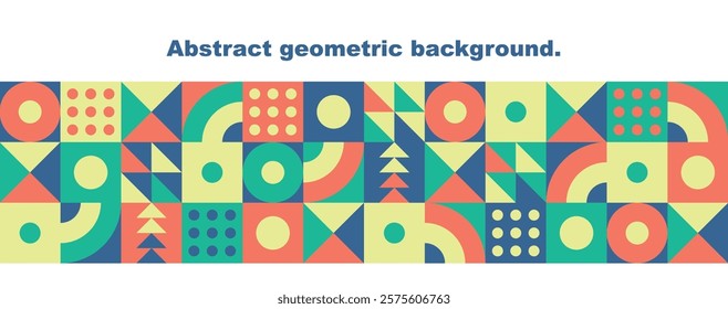 Abstract geometric design. Banner template with simple modern shapes. Bauhaus flat style. Squares, triangles, dots and circles on a white background. Vector illustration.