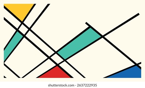 Abstract geometric design in the Bauhaus style with vibrant yellow, red, blue, and white blocks, accented by sharp black lines.