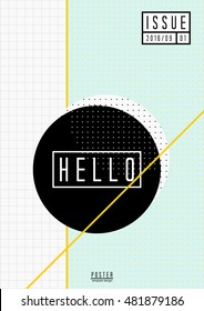 Abstract geometric design in black, white, light blue and yellow. Minimalist style poster, brochure, magazine cover design.