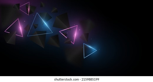 Abstract geometric design. Blue and purple triangles glowing on black background. Template design. Futuristic modern cover. 3D Polygonal shapes with sparks. Vector illustration. EPS 10