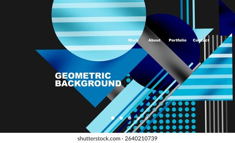 Abstract geometric design. Blue shades dominate composition. Text reads geometric background, plus navigation options. Modern aesthetic.