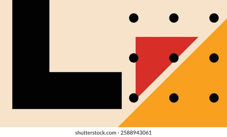 Abstract geometric design with bold black, red, and orange shapes on a beige background. A modern and minimalistic composition featuring dots and lines, ideal for contemporary graphic projects.