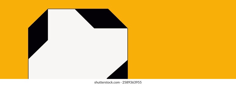 Abstract geometric design with bold black and white shapes on a vibrant yellow background. Geometric shapes create a striking abstract pattern. Frame vector with copy space.