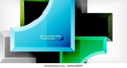 Abstract geometric design. Bright blue, green elements over black, white background. Modern template for presentations, graphics.