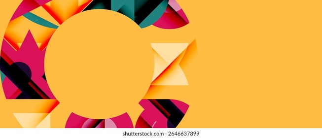 Abstract geometric design. Bright colors create sunlike circular form, contrasting with orange background. Modern, vibrant composition.