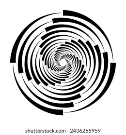 Abstract geometric design in circle shape with spiral lines and dots.  For posters, banners, logos, badges, presentations and booklets. Radial rotating shape. Vector illustration.
