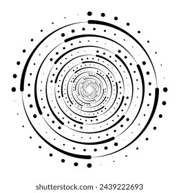 Diseño geométrico abstracto en forma de círculo con líneas espirales y puntos.  Para carteles, banners, logos, insignias, presentaciones y folletos. Forma giratoria radial. Ilustración vectorial.