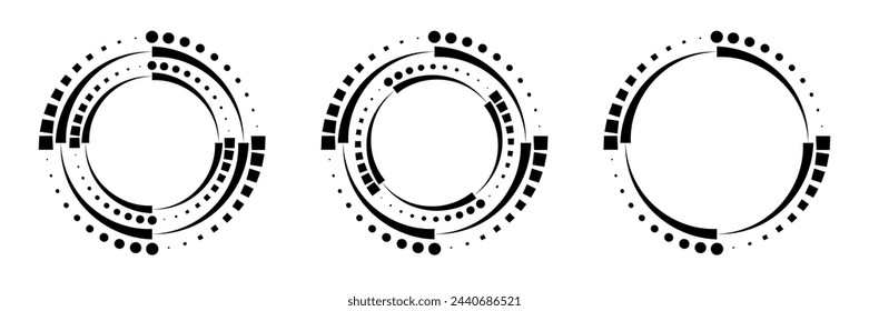 Diseño geométrico abstracto en forma de círculo con líneas espirales y puntos.  Para carteles, banners, logos, insignias, presentaciones y folletos. Forma giratoria radial. Ilustración vectorial.