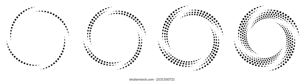 Abstract geometric design in circle shape with spiral lines. Set of halftone circular shaped frames forming a gradient design.