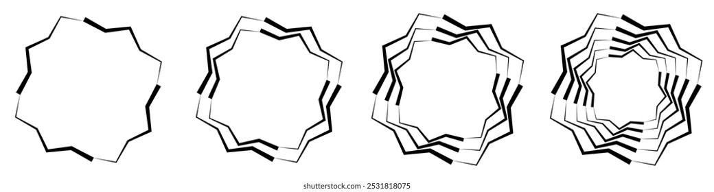 Abstractas diseño geométrico en forma de círculo con líneas en espiral. Conjunto de cuatro Formas estelares geométricas abstractas que se transforman de diseño simple a complejo.