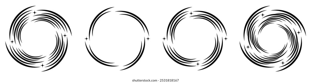 Abstract geometric design in circle shape with spiral lines. Radial rotating shape. Set of four spiral shapes with stars forming circular frames.