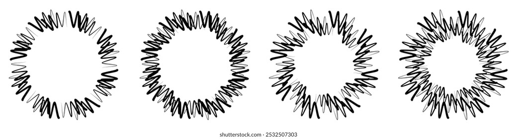 Abstract geometric design in circle shape with spiral lines. Radial rotating shape. Four black hand drawn spiky circle frames forming a line.