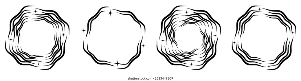 Abstract geometric design in circle shape with spiral lines. Four black starry circular frames getting thicker.